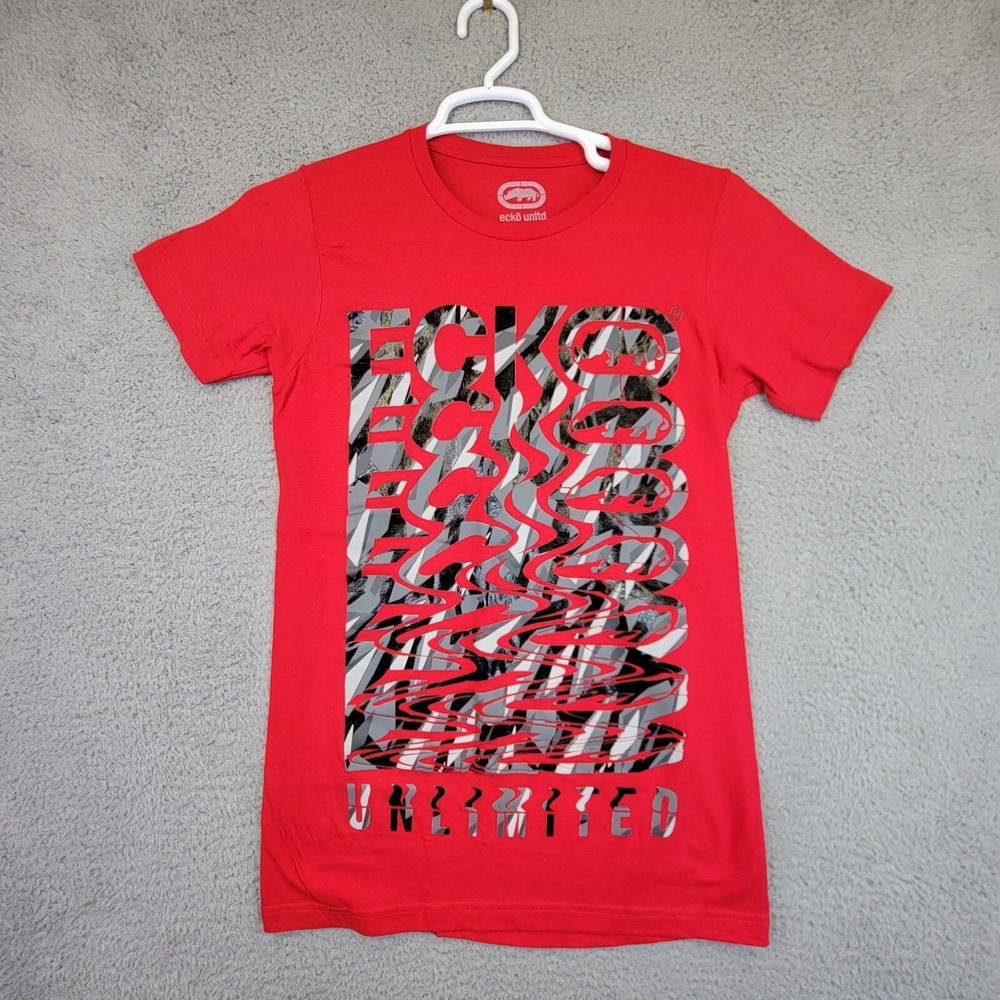 ECKO Unlimited Men's Shirts Size Small Red Short Sleeve Crew Neck Gray Camo Ecko